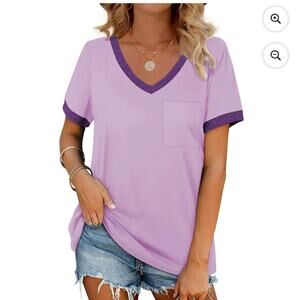 Women's size M Purple V-Neck Short Sleeved Shirt Oversized Pocket Two Tone